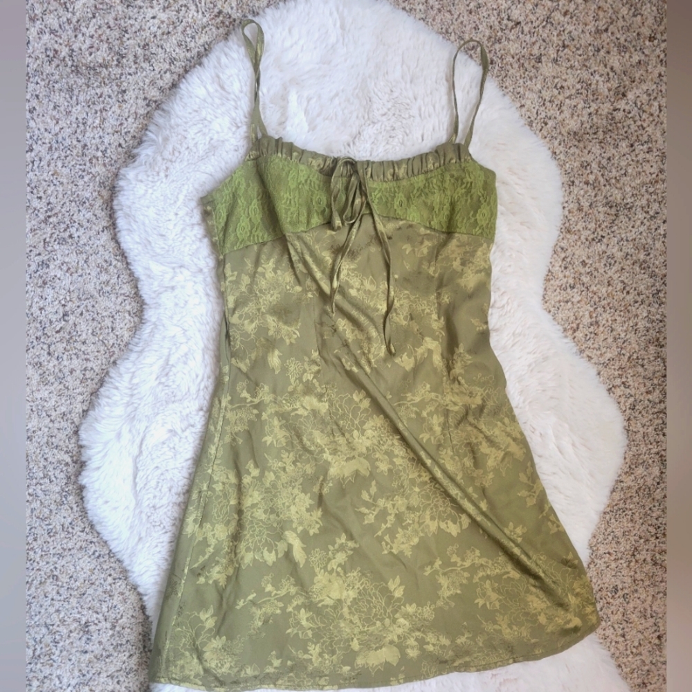 Green sage small satin lace dress with bow and butterflies